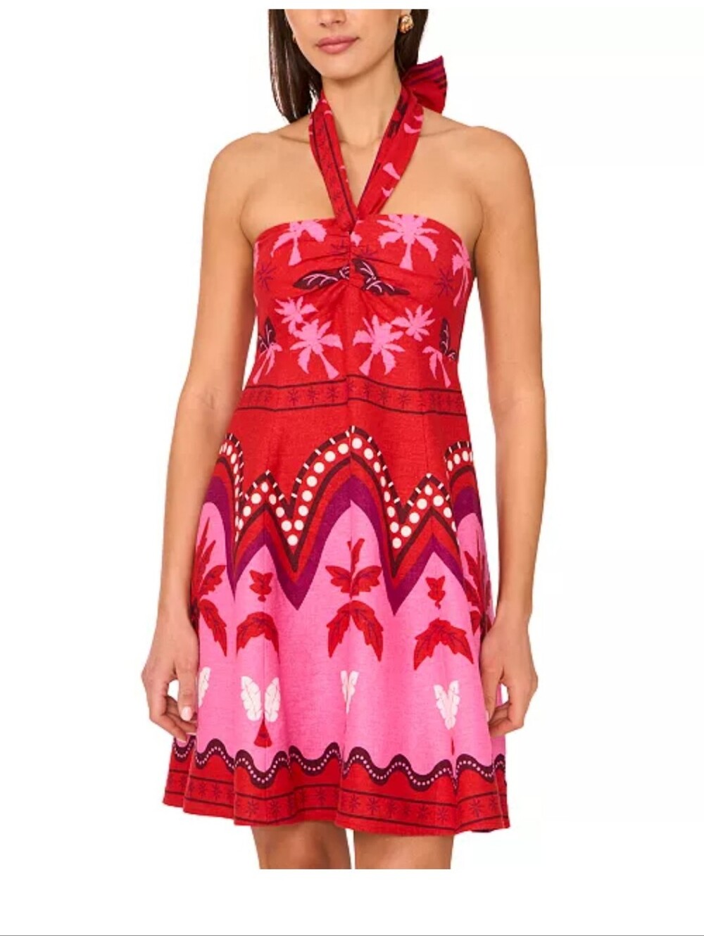 NWT I. State Sz L Halter Sundress Red Pink Tropical Palm Tree Tie Neck Summer